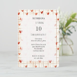 Red Cream Hearts Lines Birthday Invitation