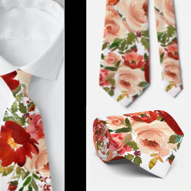 Red Cream Ivory Roses Floral Neck Tie (Creator Uploaded)