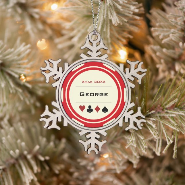 Red Cream Las Vegas Casino Poker Chip Christmas Snowflake Pewter Christmas Ornament (Tree)