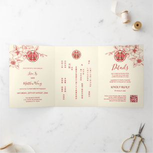 Red Cream Magnolia   Chinese Wedding Tri-Fold Invitation