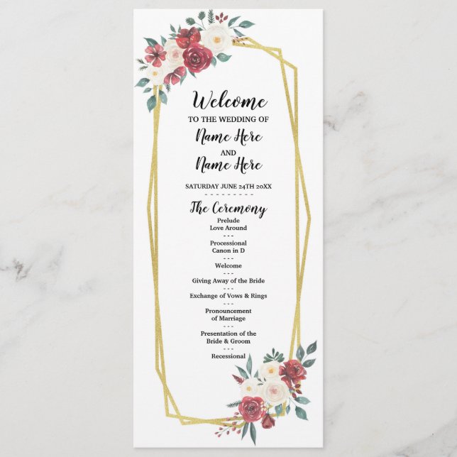 Red Cream Menu Watercolor Floral Wedding Program (Front)