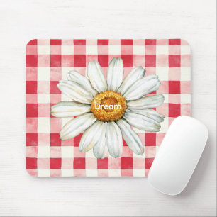 Red Cream Plaid Daisy Flower Mouse Pad