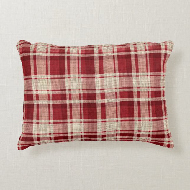 Red Cream Plaid Stripes Accent Pillow (Front)