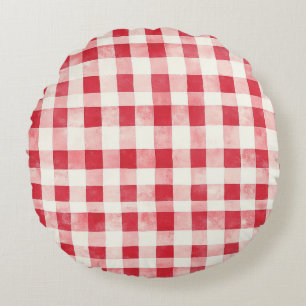Red Cream Plaid Stripes Birthday Round Pillow