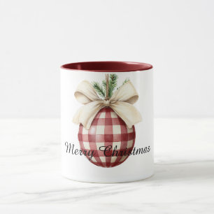 Red Cream Plaid Stripes Christmas Ornament Mug