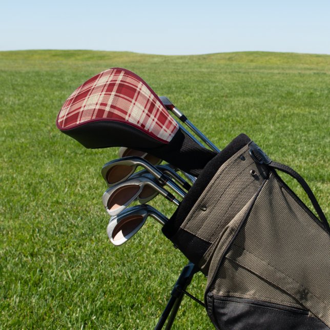 Red Cream Plaid Stripes Golf Head Cover (In Situ)
