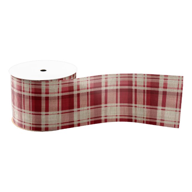 Red Cream Plaid Stripes Grosgrain Ribbon (Spool)