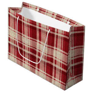 Red Cream Plaid Stripes Large Gift Bag