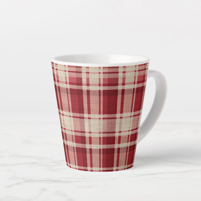 Red Cream Plaid Stripes Latte Mug (Right Angle)