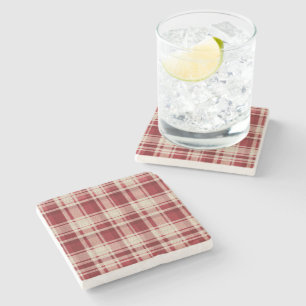 Red Cream Plaid Stripes Stone Coaster
