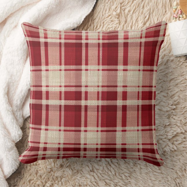 Red Cream Plaid Stripes Throw Pillow (Blanket)