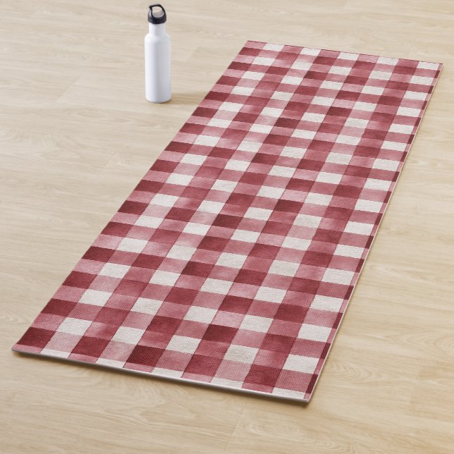 Red Cream Plaid Stripes Yoga Mat (In Situ)