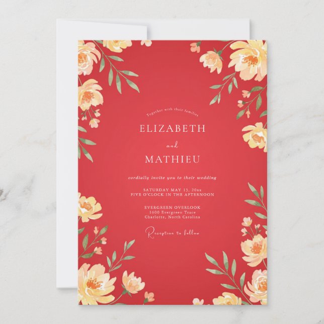 Red Cream Ranunculus Eucalyptus Wedding Invitation (Front)