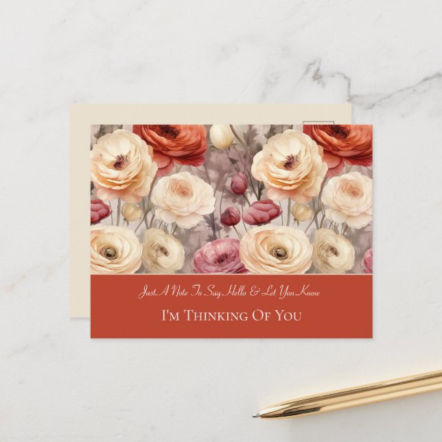 Red cream ranunculus flowers Thinking of You Postcard (Front/Back In Situ)