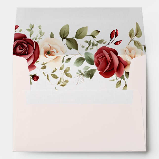 Red Cream Roses Blush Pink Floral Wedding II Envelope (Back (Bottom))