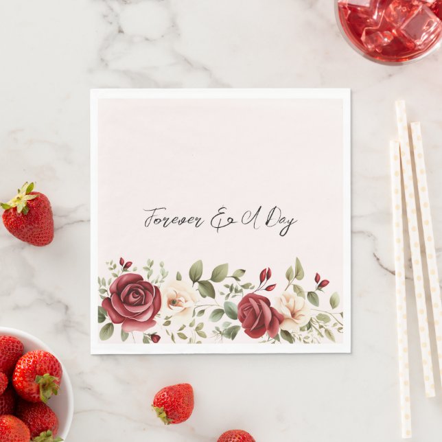 Red Cream Roses Blush Pink Floral Wedding Napkin (Insitu)