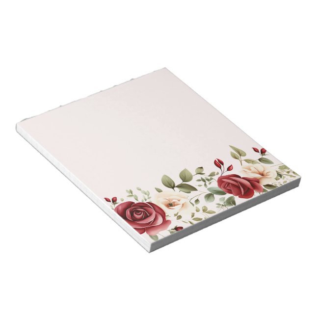 Red Cream Roses Blush Pink Floral Wedding Notepad (Angled)