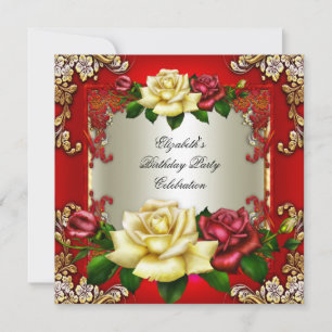 Red Cream Roses Gold Elegant Birthday Party Invitation