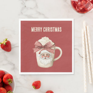 Red Cream Santa Face Red Bow Drink Napkin