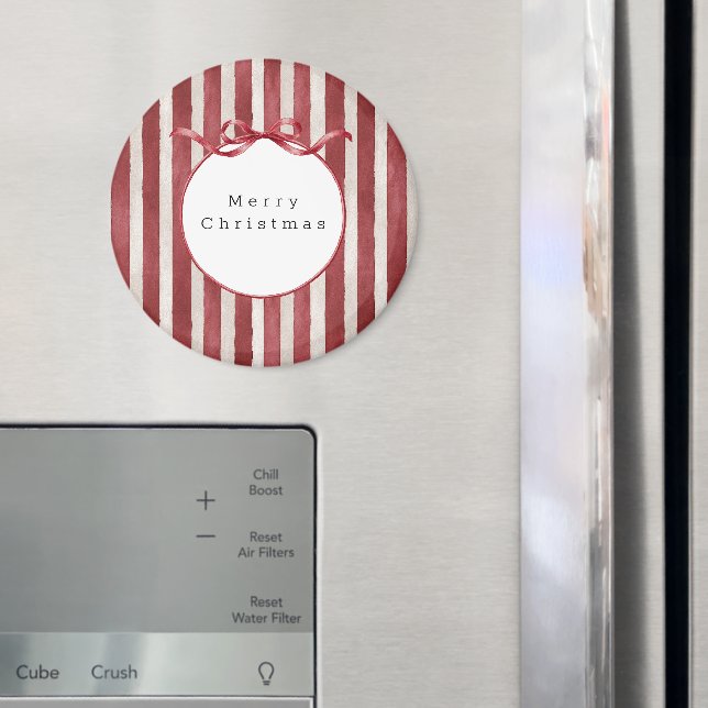 Red Cream Stripes Bow Christmas Magnet (In Situ (Fridge))