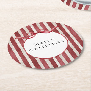 Red Cream Stripes Bows Christmas Round Paper Coaster