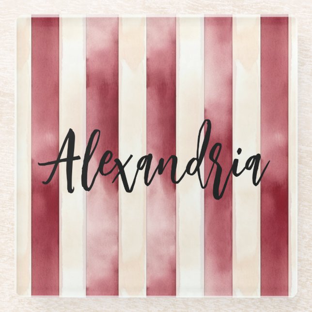 Red Cream Stripes Glass Coaster (Front)
