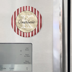 Red Cream Stripes Gold Monogram Magnet