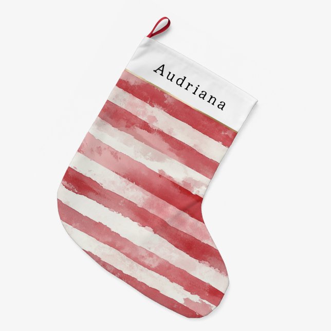 Red Cream White Candy Stripes Christmas Large Christmas Stocking (Front (Hanging))