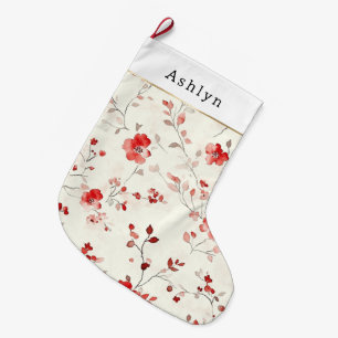 Red Cream White Floral Christmas   Large Christmas Stocking