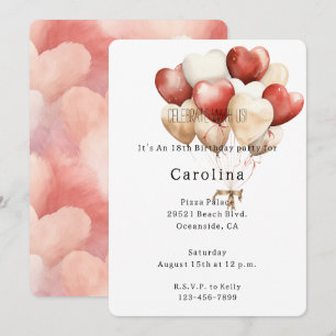 Red Cream White Hearts Balloons Birthday Invitation
