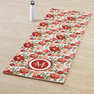 Red Cream White Roses Watercolor Flowers Floral Yoga Mat