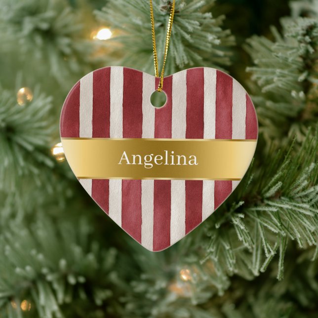 Red Cream White Stripes Gold Ribbon Christmas Ceramic Ornament (Tree)