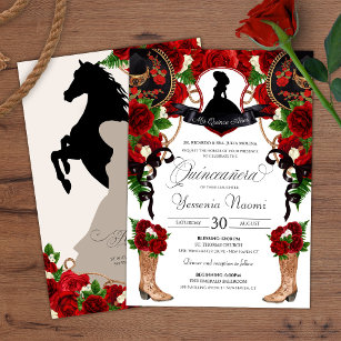 Red Crest Charro Western Roses Floral Quinceanera Invitation