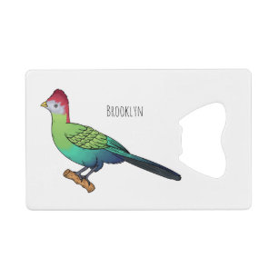 Red-crested turaco bird cartoon illustration  credit card bottle opener