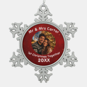 Red Crimson 1st Christmas Together Couple Photo Snowflake Pewter Christmas Ornament
