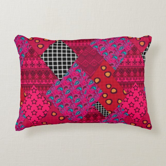 Red  Crimson  Colourful patchwork   Accent Pillow (Front)