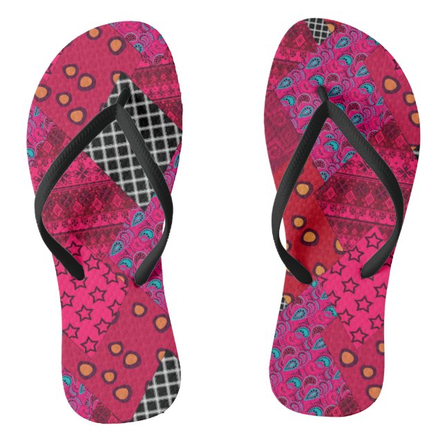 Red  Crimson  Colourful patchwork  Flip Flops (Footbed)