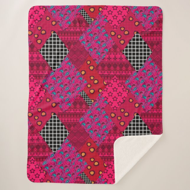 Red  Crimson  Colourful patchwork  Sherpa Blanket (Front)