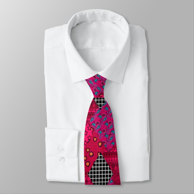 Red  Crimson  Colourful patchwork  Tie (Tied)