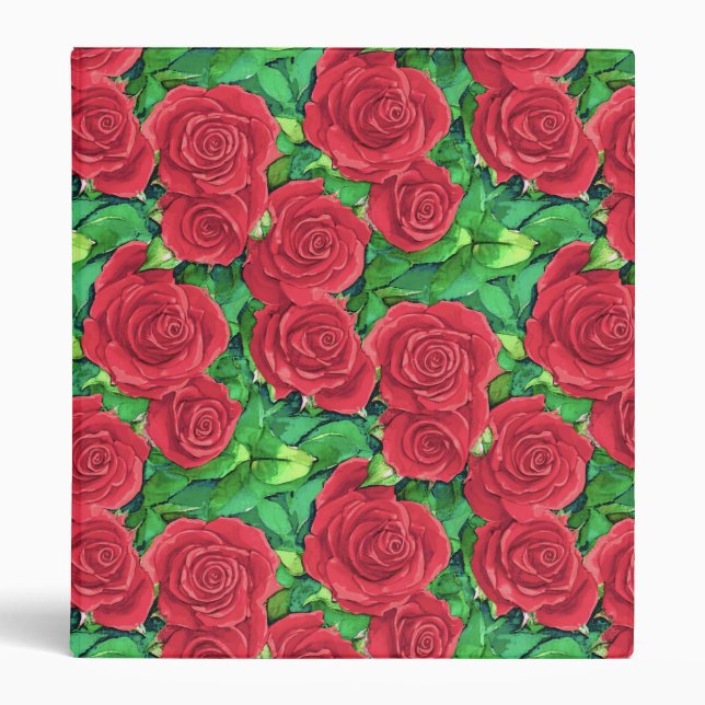 Red / Crimson Watercolor Rose Pattern Binder (Front)
