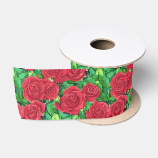 Red / Crimson Watercolor Rose Pattern Satin Ribbon