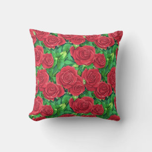 Red / Crimson Watercolor Rose Pattern Throw Pillow