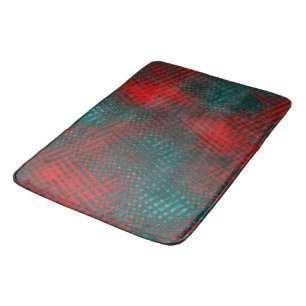 Red crisscrossing scratches over charred cyan bath mat