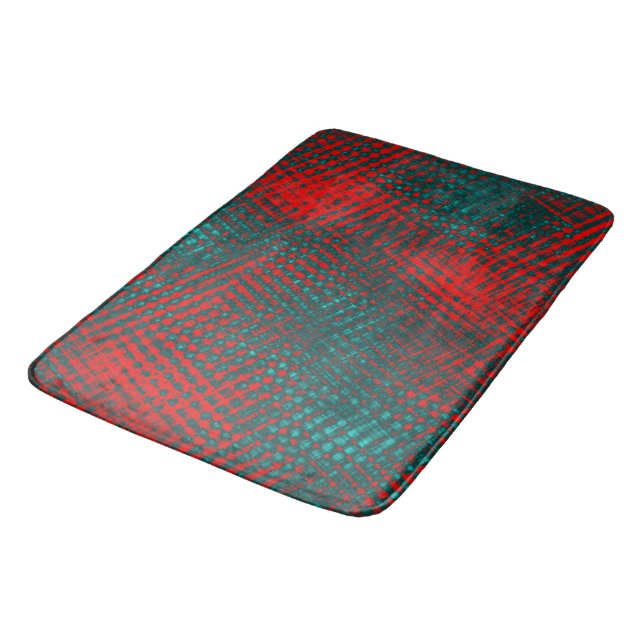 Red crisscrossing scratches over charred cyan      bath mat (Angled)