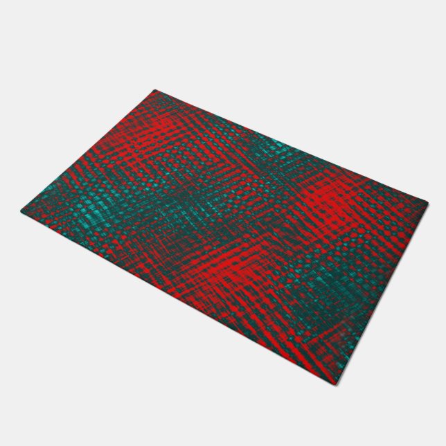 Red crisscrossing scratches over charred cyan      doormat (Angled)