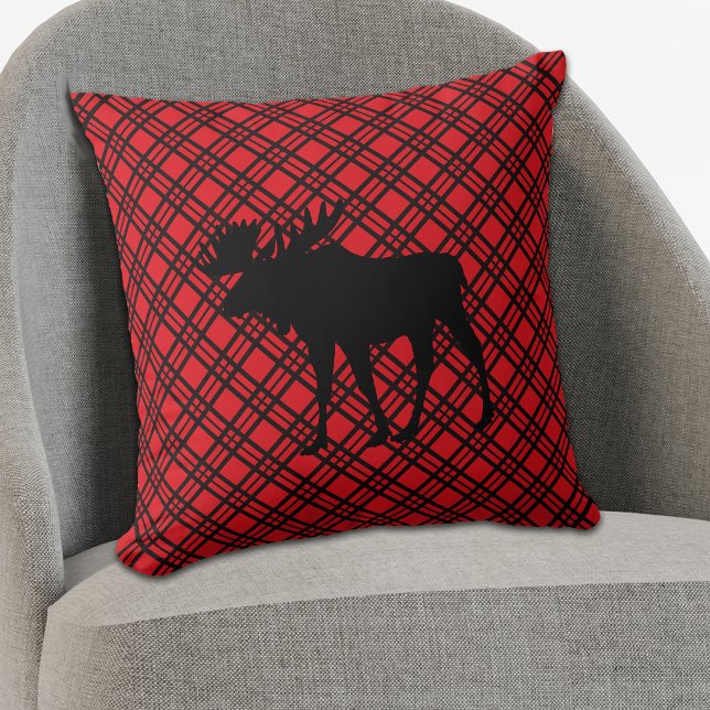 Red Cross Check Pattern Black Moose Throw Pillow (Creator Uploaded)