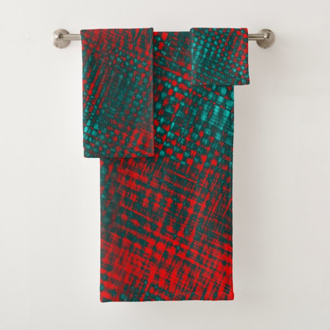 Red crossed scratches on charred cyan or grey sky bath towel set (Insitu)