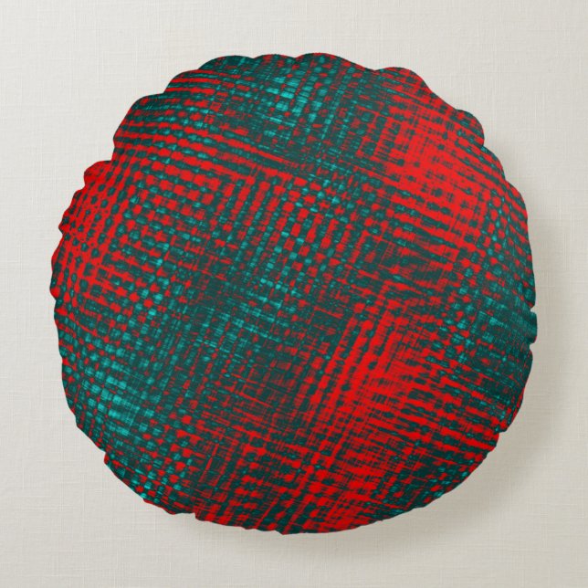 Red crossed scratches on charred cyan or grey sky round pillow (Front)
