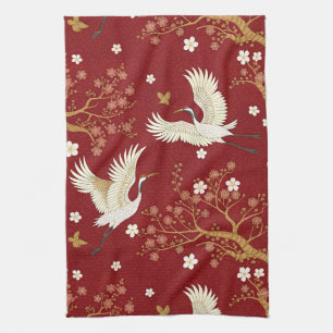 Red Crown Crane Sakura Pattern (1) Kitchen Towel