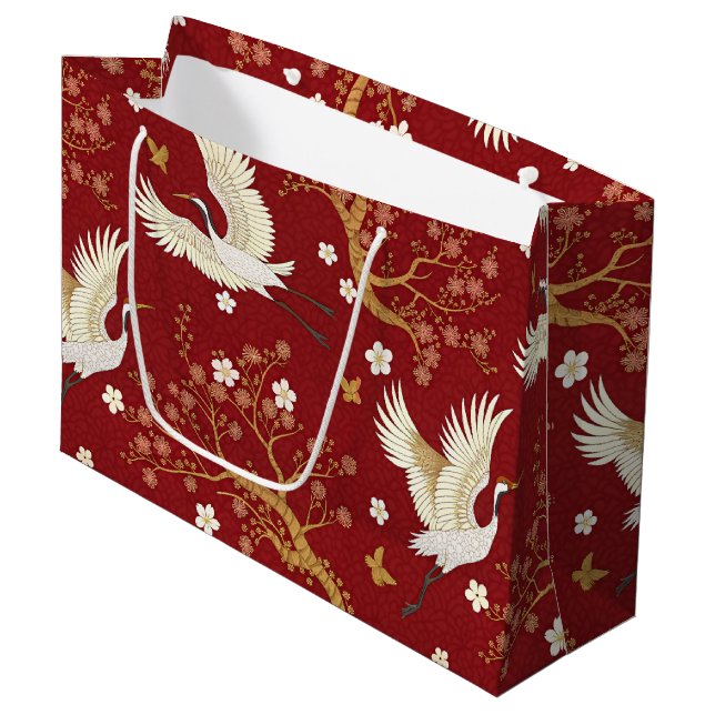 Red Crown Crane Sakura Pattern (1) Large Gift Bag (Front Angled)